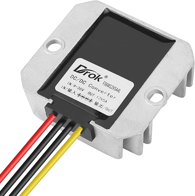 DROK Boost Buck Converter 9V-36V to 12V 5A 60W Aluminium Shell Waterproof Auto Step Up Down Voltage Regulator 12V Volt Transformer for Car Audio Solar Power System LCD Television LED Display Screen