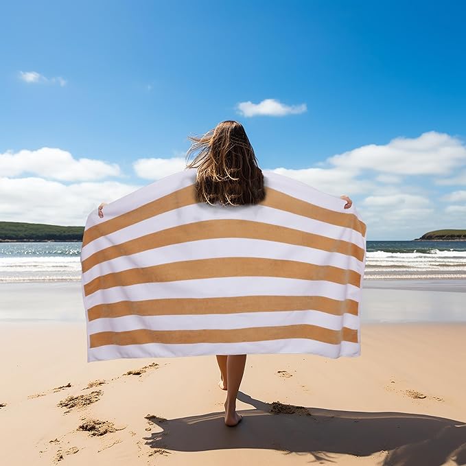 COTTON CRAFT Oversized XL Beach Towel - 2 Pack 39 x 68 inches Big & Huge Beach Blanket Towel - 100% Cotton Velour Thick Plush 450 GSM Super Soft Luxury - Pool Picnic Bath Towel - Cabana Stripe Linen