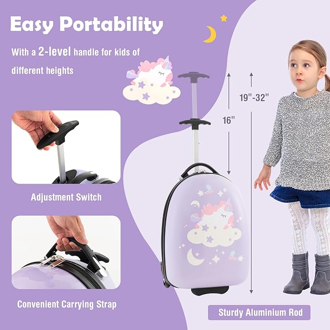 Goplus Kids Luggage, 16’’ Carry On Suitcase with Wheels, Waterproof Hard Shell, Lightweight Rolling Luggage for Travel, Birthday Gifts for Toddlers, Children, Boys, Girls (Purple-Unicorn)