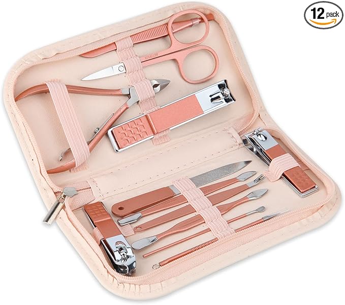 Nail Clippers and Beauty Tool Portable Set, Rose Gold Martensitic Stainless Steel Manicure Set 12 in 1, with Pink Leather Bag, Suitable for Home, Workplace, Outdoor Travel, Gift Giving, Salon.