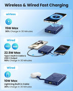 Magnetic Portable Charger, 22.5W Power Bank Fast Charging 10000mAh, Portable Charger with Built in Cable, for Magsafe Battery Pack Compatible with iPhone 17/16/15/14/13/12 Pro/Pro Max, Samsung Series