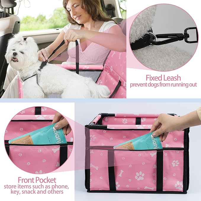 Dog Car Seat Foldable Dog Car Booster Seat Waterproof Breathable Oxford Travel Bag for Small to Medium Dogs, Puppies, and Pets-Pattern Pink-Upgrade