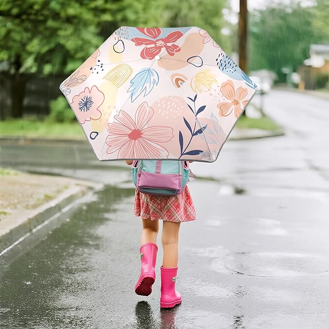Kids Folding Umbrella Auto Open/Close Umbrellas for Rain Round Corner Safe Design UV Resistant Automatic Children Travel Umbrellas Reinforced Canopy 360° Reflective Strip Lightweight for Girls & Boys