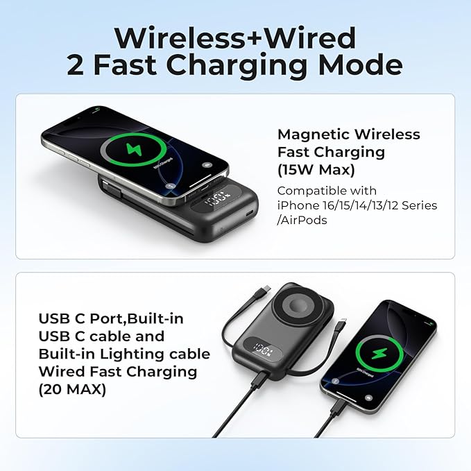 SHENMZ Magnetic Portable Charger 26800mAh for iPhone 17/16/15/14/13/12 with Built-in Cables， iWatch Charger，Wireless Power Bank for Apple Watch and for airpods,Galaxy, Android Phones(Black)