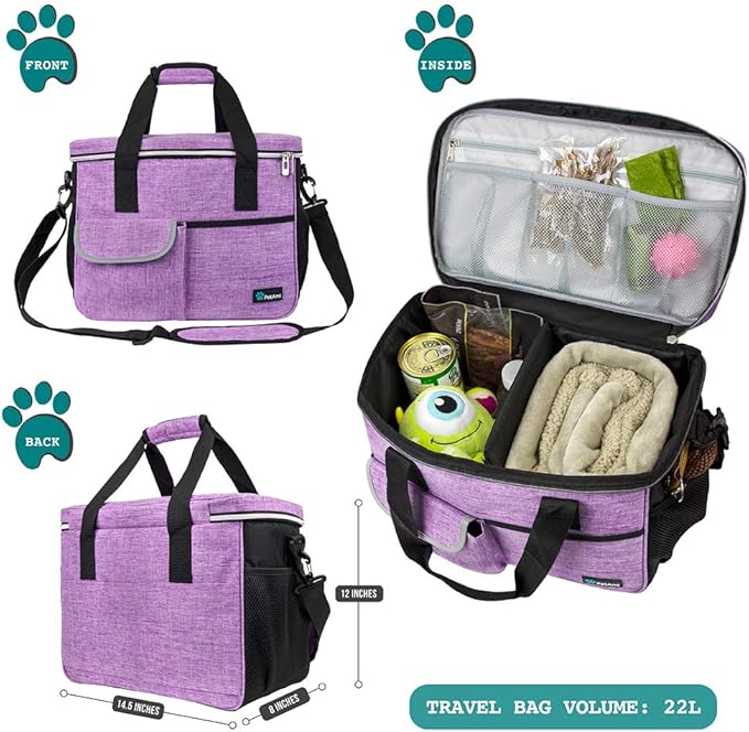 PetAmi Dog Travel Bag, Travel Pet Bag Organizer, Dog Food Travel Bag with Container Collapsible Bowls, Pet Travel Supplies Gift Accessories for Weekend Camping, Puppy Cat Diaper Bag, Purple Medium