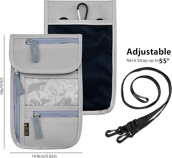 Travel Neck Wallet, RFID Blocking Passport Holder with Adjustable Neck Strap for Men and Women to Keep Cash, Credit Cards and Travel Documents Safe - Grey