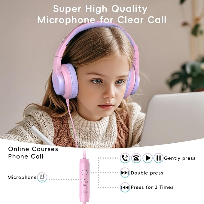 Candy Bila Kids Wired Headphones for Kids with Microphone, 85/94dB Volume Limiter Headphones for Girls Boys, Light Purple