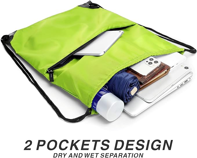 Drawstring Backpack Sports Water Resistant String Bag Sport Gym Sackpack for Women Men Large with Zipper, Apple Green