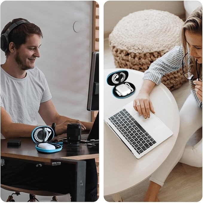 for Earbuds Carrying Case, Small Oval Storage Cases, Tech Pouch, Portable Storage Earbud Pouch Bag for Earbuds, in-Ear Headphones, Earphones, Headsets, Hearing Aids, USB Charging Cable, Blue