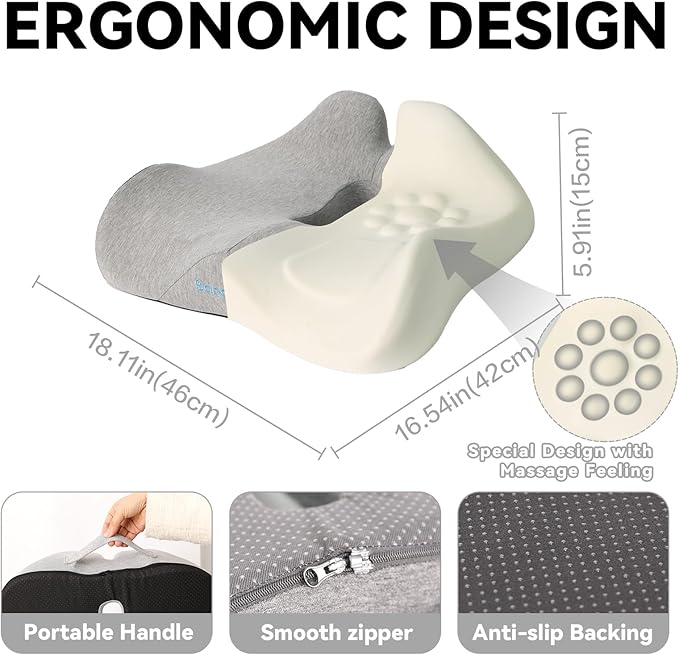 18x16 Inch Gray Memory Foam Seat Cushion for Office Chair, Car Seat, Airplane, Bleacher - Sciatica & Hip & Coccyx Pain Relief Desk Chairs Cushions for Long Sitting Peoples