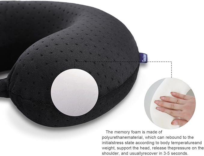 Black Travel Neck Pillow Memory Foam Airplane Pillow for Neck and Head Support Soft Portable U Shape Neck Pillow for Plane, Car & Home Office Use