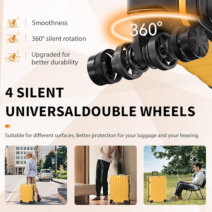 Krute Aluminum Frame Luggage 28 Inch Checked Suitcase with Spinner Wheels TSA Approved No Zipper Hard Shell Luggage PC+ABS Travel Suitcase Yellow