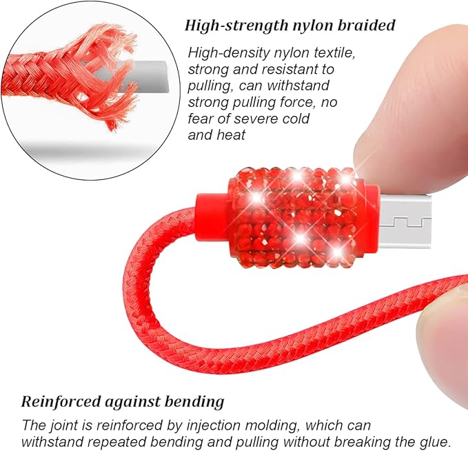 Bling Dual USB Car Charger with 3-in-1 Multi Fast Charging Cable, Dual Port Charger Adapter with Type C Micro USB Cord for iPhone, Android, Rhinestones Car Interior Accessories for Women(Red)