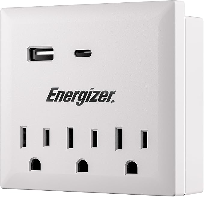 Energizer Multi Plug Wall Outlet Extender (3 AC Power Outlets, 1 Type C Port, 1 USB A Port - 2.1A Total) Grounded Power Strip Expander