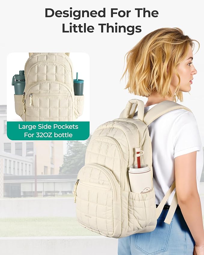 BAGSMART College Laptop Backpack, Travel Backpack for Women, Quilted Casual Daypack, Water-Resistant Bookbag for 15.6 Inch Laptop, Beige