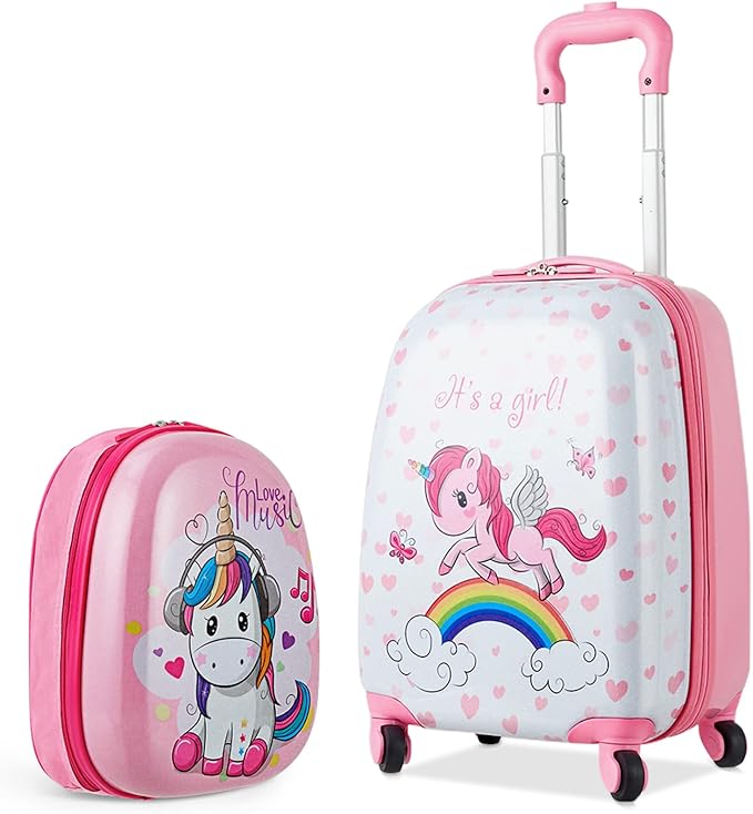 BABY JOY 2 Pcs Kids Luggage Set, 16" Carry-on Luggage Trolley Case & 12" Backpack w/Rolling Wheels, Retractable Handle, Lightweight Airline-approved Design, Kids Suitcase for Girls Boys (Pink Pony)