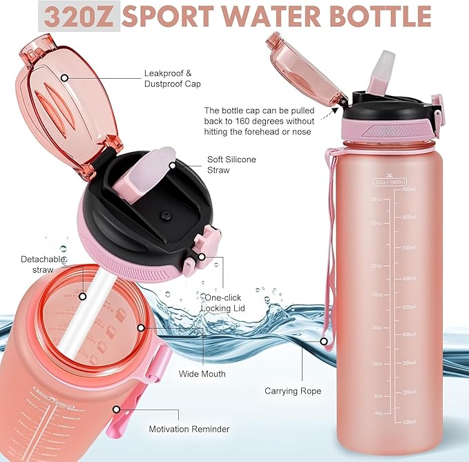 Water Bottle with Straw 1L,Boys Water Bottles with Straw 1 Litre,Waterbottle Leak-Proof Sports Water Bottle,Plastic Drinks Bottles Toxin Free，Bpa-Free (Pink2)