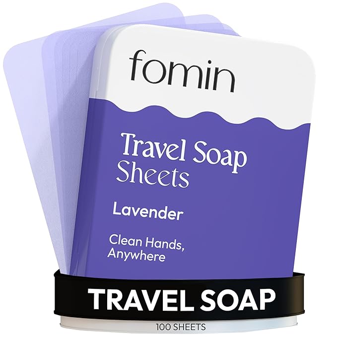 FOMIN - Antibacterial Paper Soap Sheets for Traveling - 100 Lavender Portable Hand Soap Sheets for Travel in Tin - Dissolvable Mini Portable Travel Soap Sheet for Hand Washing, Camping and Hiking