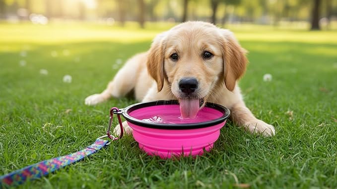 Silicone Foldable Pet Food Water Feeder, Collapsible Travel Bowl for Dog and Cat, Outdoor Portable (Pink)