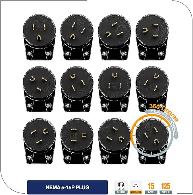 ETL Listed 90 Degree USA Canada Male Plug Nema 5-15P 3 Pole Angle DIY, 15A 125V USA 3Pin Right Angle AC , Nema 5-15P Angled Rewireable AC