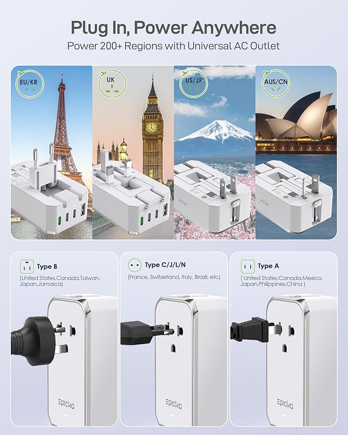 EPICKA Air 40W Universal Travel Adapter, PD Fast Charging International Power Adapter with 1 AC & 4 USB Ports, Worldwide Compact Travel Essentials for USA/EU/UK/AUS(White, Not a Voltage Converter)