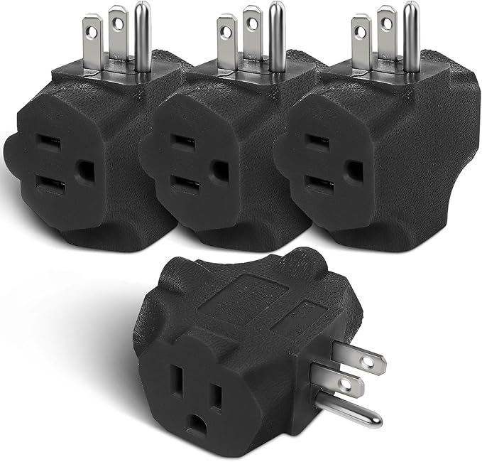 EXTRASTAR 3 Outlet Extender, Heavy Duty Grounded Wall Tab, T-Shaped Adapter, 3 Way Plug, ETL Listed Power Splitter, 4 Pack, Black