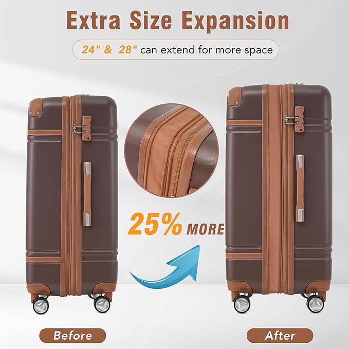 Luggage Sets, 2 Piece Carry on Luggage Set with Travel Bag, 2 Piece Expandable Spinner Hardshell Suitcase with TSA Lock, Back to School Suitcase, Women Men (Brown, 20/24 inch+Cosmetic Case)