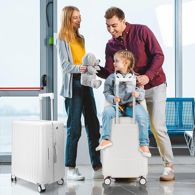 20'' Ride on Luggage Kids Rolling Suitcase with Seat & Aluminum Frame Back to School Gift for Student Travel(White)