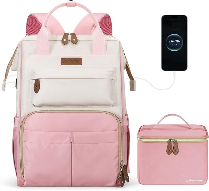 Maelstrom Travel Backpack for Women Men,Laptop Backpack Fits 15.6-17.3 Inch Laptop, Nurse/Work Bag with Insulated Lunch Box (Pink-beige)