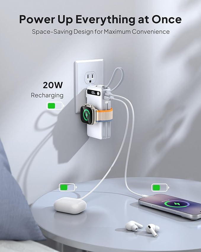 BREEKET Nano Power Bank, 10000mAh Portable Charger with Built-in Cables & Wall Plug, 5 Outputs 22.5W USB C Fast Charging Travel Battery Pack for iPhone 17/16/15/14, Apple Watch Ultra/11/10/9/8/7/6/SE