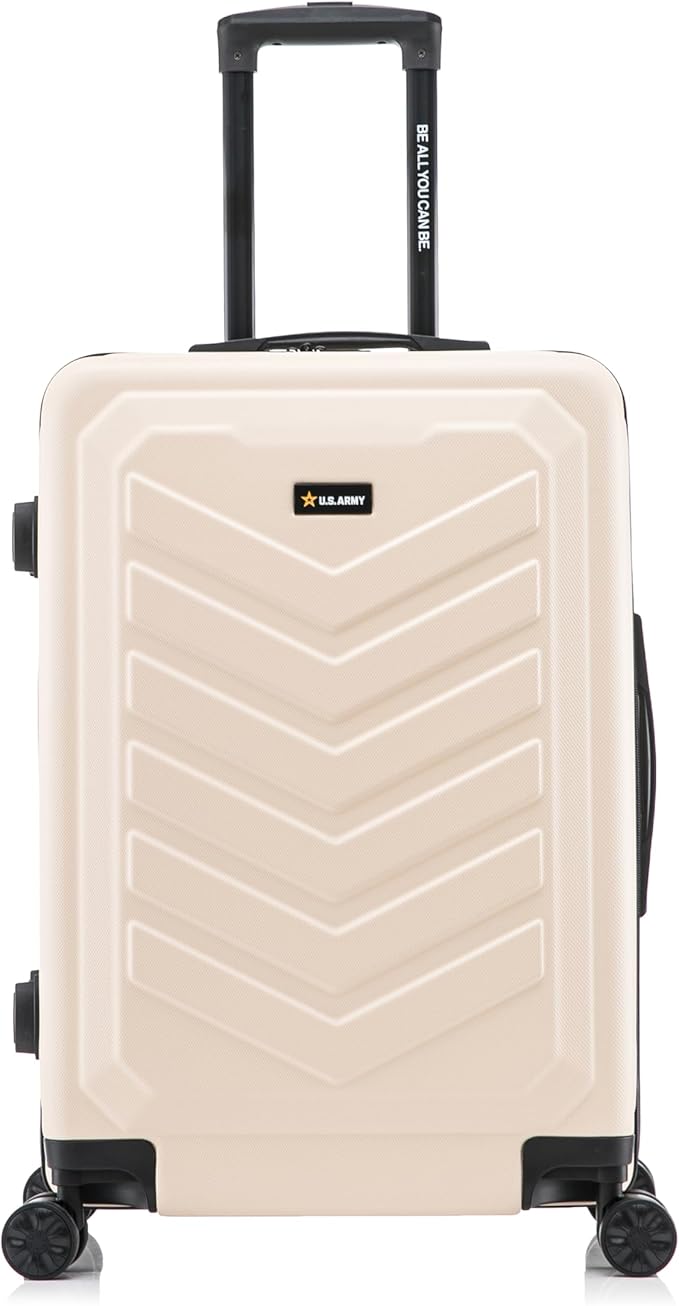 US ARMY Fox 24 inch Hardside Luggage with Spinner Wheels | Lightweight Medium Suitcase for Shorter Travel | Chevron Icon, Gel Handle, Side Studs, Retractable Trolley, Heavy Duty | Sand