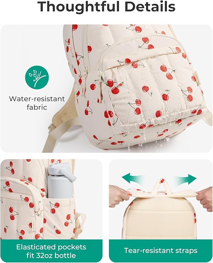 BAGSMART Womens Backpack Small Travel Laptop Backpack for Women, Quilted College Laptop Bookbag, Work Back Pack for Women, Cute Computer Water-Resistant Casual Daypack,Cherry Print