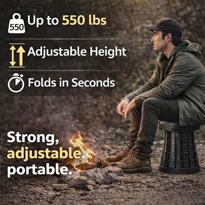 Telescoping Folding Camping Stool, Portable Adjustable Height Outdoor Chair, 1-Second Setup, Compact Lightweight for Camping, Fishing, Hiking (Black)