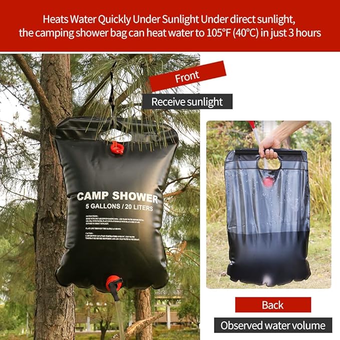 DkOvn Solar Shower Bag, 5 Gallons/20L Camping Shower Bag, Portable Shower Bag with Removable Hose and On-Off Switchable Shower Head for Camping Beach Swimming Outdoor Traveling