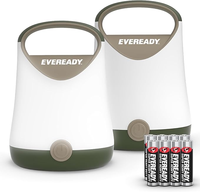 Eveready LED Camping Lantern X-250 (2-Pack), Super Bright Tent Lights, Rugged Water Resistant LED Lanterns, 100 Hour Run-time (Batteries Included), Green/Tan