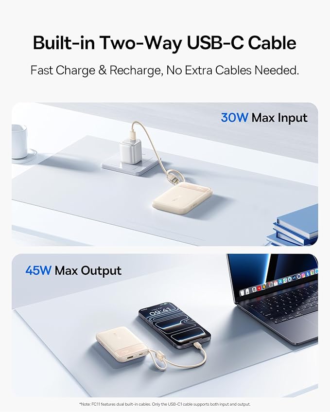 Baseus 45W Ultra Slim 10000mAh Power Bank Built-in USB-C Cables, CCC Certified Portable Charger, Travel Essential Fast Charging Pocket Size Phone Battery Pack for iPhone 17 16 Samsung S25 S24 iPad