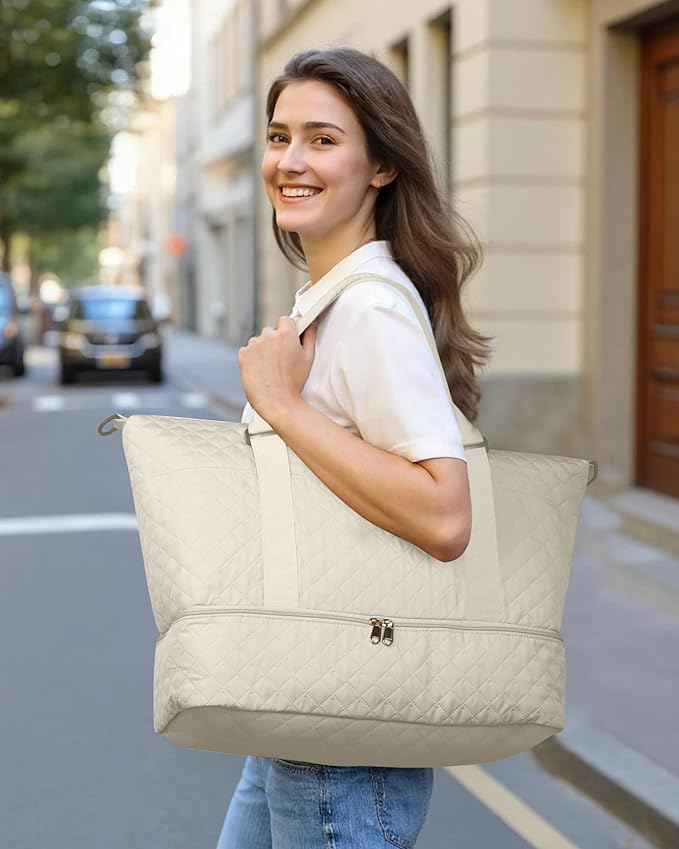 HOTOR Travel Duffel Bag - Weekender Bags for Women, Gym Tote Bags with Shoe Compartment, Carry On Overnight Bag with Toiletry Bag for Travel Essentials and Travel Accessories, Beige, 13.4"×17.3"×7.9"