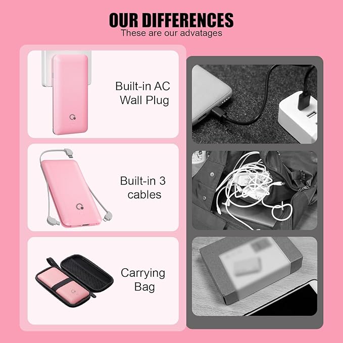 Q Portable Charger with Built-in Cables and AC Wall Plug, USB C External Battery Pack, 10000mAh Travel Essentials Power Bank Compatible with iPhone 16/15/14/13, Samsung Galaxy, Pixel,Tablet and More
