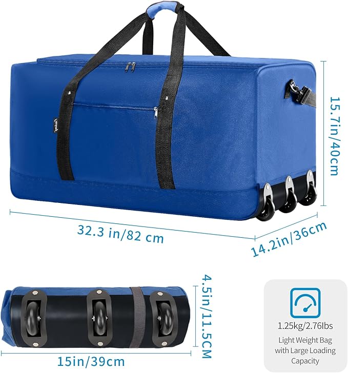 Finnhomy 120L Foldable Rolling Duffel Bag with 3 Wheels, Light Weight Travel Duffel bag with Large Loading Capacity, 32'' Rolling Duffel bag with Shoulder Strap