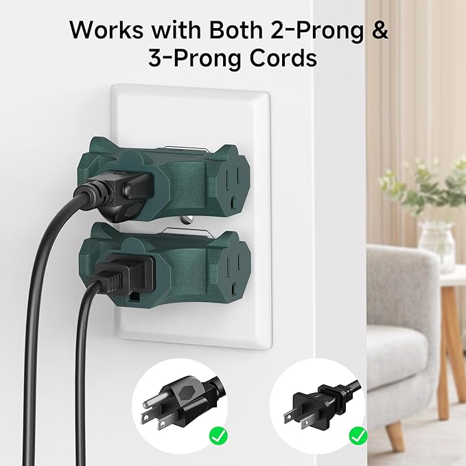 [ETL Listed] Cable Matters 3-Pack 3 Way Plug Adapter 15A 1875W, 3 Prong 3 Outlet Adapter, Power Splitter Plug Outlet, 3 Way Electrical Splitter, Green