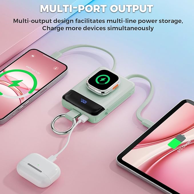 Portable Charger,5000mAh PD 20W Super Fast Charging Power Bank with Built-in Cables,Travel Keychain Battery Pack for Apple Watch Ultra/11/10/9/8/7/6/SE,iPhone 17/16/15/14/13/12 (Green)