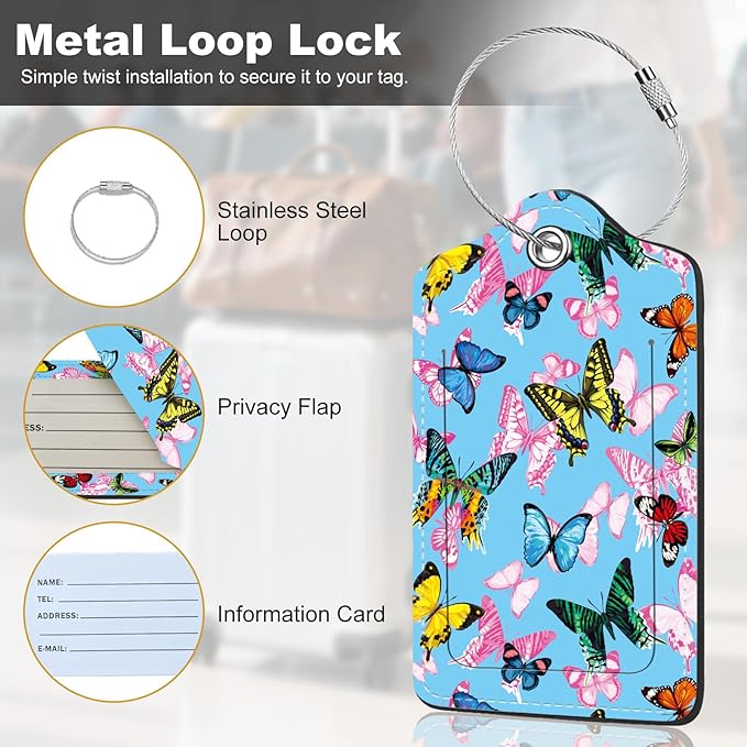 2Pack Luggage Tags for Suitcases, Cute Unique Pu Leather Cruise Luggage Tag with Privacy Cover ID Label Address Card and Metal Ring Suitable for Women Men Kids Travel Bag Pink Butterfly