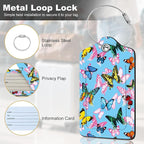 2Pack Luggage Tags for Suitcases, Cute Unique Pu Leather Cruise Luggage Tag with Privacy Cover ID Label Address Card and Metal Ring Suitable for Women Men Kids Travel Bag Pink Butterfly