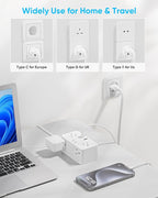 Kakyanill European Travel Plug Adapter, Type E F Plug Adapter, 6 AC Outlets, 4 USB Ports (2 USB C), 3ft Wrapped Around Extension Cord, for Germany France Travel