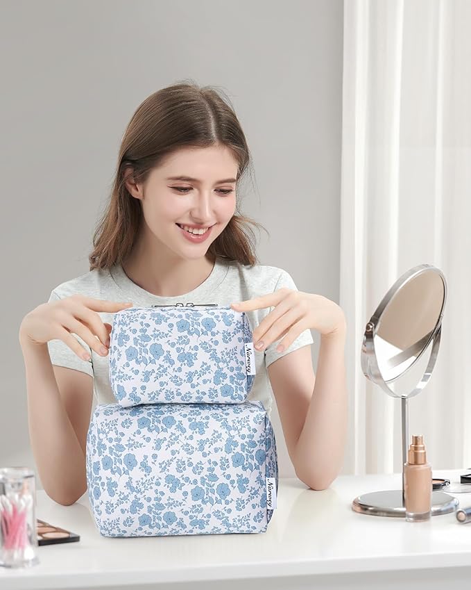 Narwey Cute Floral Makeup Bag Travel Cosmetic Bag Organizer Toiletry Bag Make Up Bags with Organized Pocket for Women Girls (Large,Blue Flower)