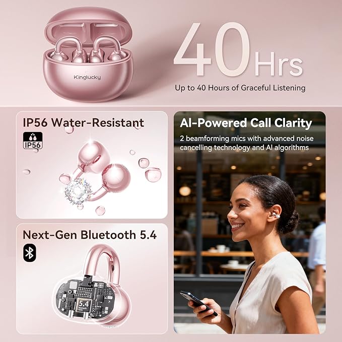 Kinglucky Clip-On Open Ear Earbuds with Detachable Diamond Earrings, Bluetooth 5.4 Open Ear Wireless Headphones for Women, 40H Playtime, Comfortable Small-Ear Fit, Rose Gold
