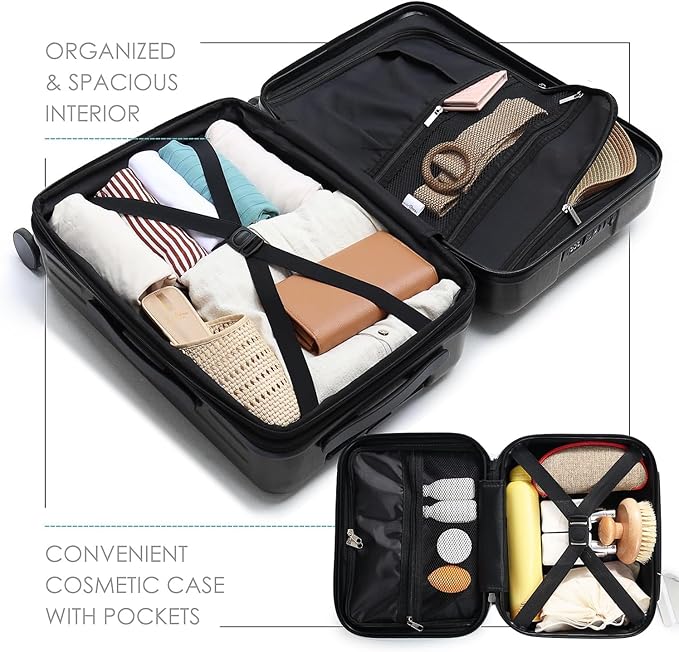 22 Inch Carry On Luggage 22x14x9 Airline Approved, Carry On Suitcase with Wheels, Hard-shell Carry-on Luggage, Durable Luggage Carry On, Jet Black Small Suitcase with Cosmetic Carry On Bag