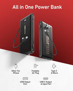 VEEKTOMX Portable Charger with Built in Cables 10000mAh, Power Bank for iPhone with AC Wall Plug, Fast Charging USB C Slim Battery Pack with LED Display Compatible with iPhone 17/16/15/14, Samsung