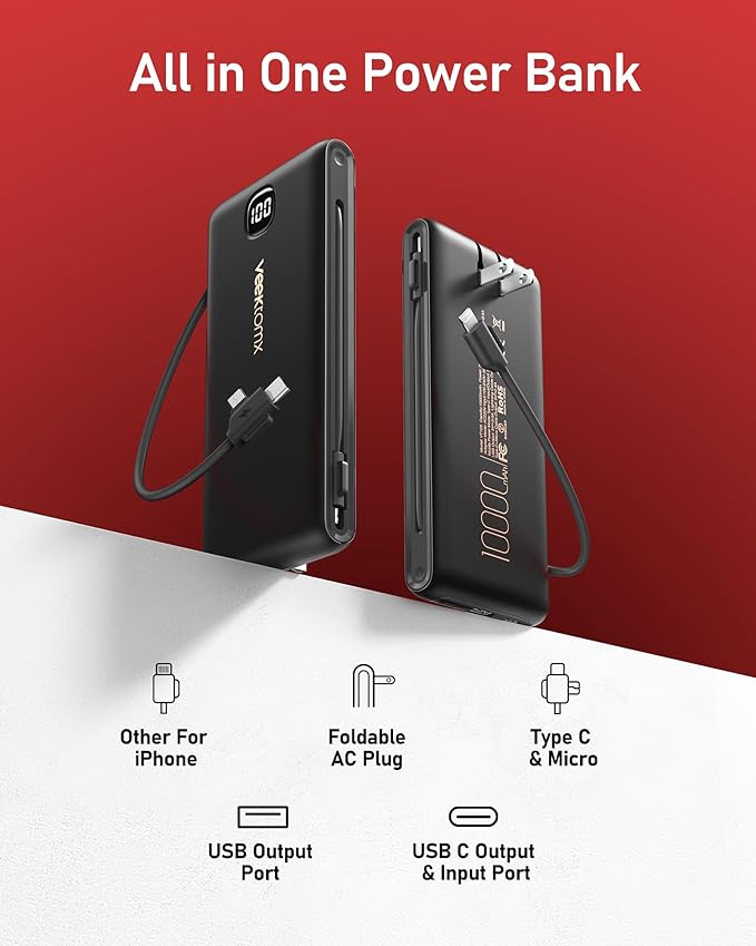 VEEKTOMX Portable Charger with Built in Cables 10000mAh, Power Bank for iPhone with AC Wall Plug, Fast Charging USB C Slim Battery Pack with LED Display Compatible with iPhone 17/16/15/14, Samsung
