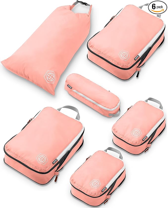 Compression Packing Cubes for Travel, 6-Piece Lightweight Packing Cubes Set for Carry-On Luggage & Backpacks – TRIPPED Travel Gear (Coral Bloom)